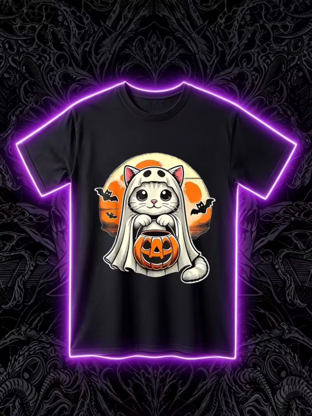 Retro Halloween Ghost Cat Pumpkin Black Unisex T-Shirt 3XL NO SIZE TAG